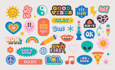 Naklejka premium Colorful vintage label shape set. Collection of trendy retro sticker cartoon shapes. Funny comic character art and quote sign patch bundle.