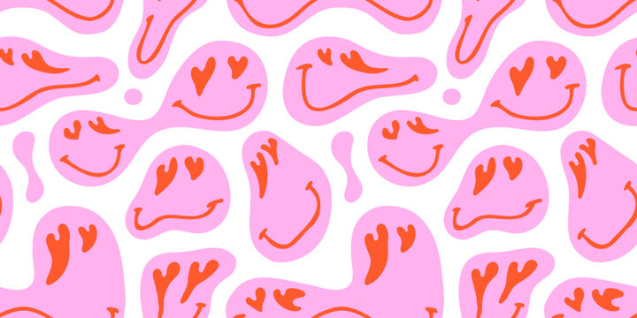 Premium Vector  Funny smile dope faces seamless pattern psychedelic  surreal techno melt smile background trippy smiley faces techno melting  smile face cartoon background wallpaper concept art y2k aesthetic