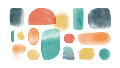 Abstract colorful watercolor painting shape set. Modern minimalist acrylic paint artwork collection. Handmade geometric shapes drawing  bundle, creative brush texture. © Dedraw Studio