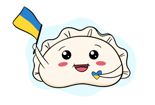 Cute cartoon pierog, kawaii dumpling. Ukrainian national dish. Love Ukraine concept