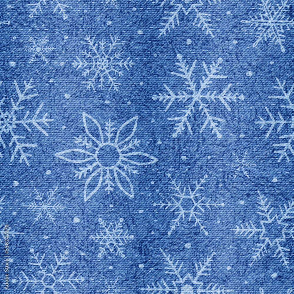 Poster snowflake seamless pattern. repeating snowflakes background. repeated denim textile for design print