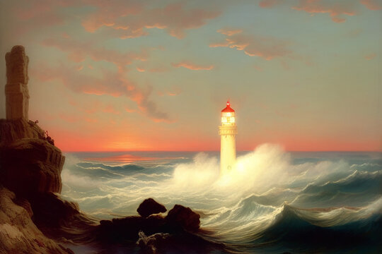 lighthouse at sunset - generative ai illustration