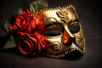 Venetian Carnival mask red roses decoration. Generative AI