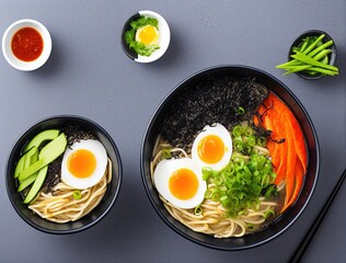 japanese cuisine, ramen with eggs, spicy