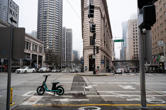 City Street in Seattle, WA with Rental Bike and Fog