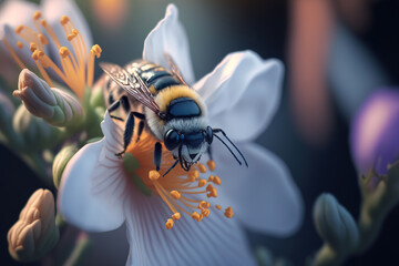 Flying honey bee collecting bee pollen from apple blossom. Generated AI