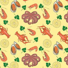 Sea food set doodles octopus shrimp