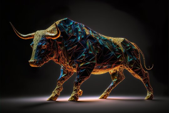 bull of wall street origami style all body in action neon gold color