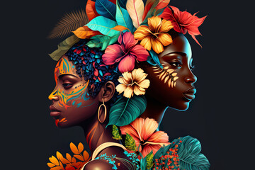 Fototapeta Portrait beautiful African american Womans combined with flowers obraz