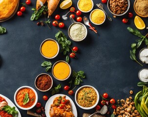 fruits and vegetables, flat surface, dark background, decoration