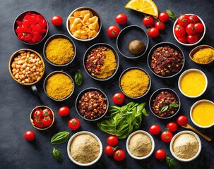 fruits and vegetables, flat surface, dark background, decoration