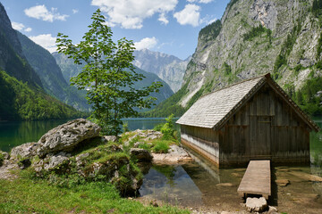 Hütte am Obersee, Nationalpark Berchtesgaden, Bayern, Deutschland