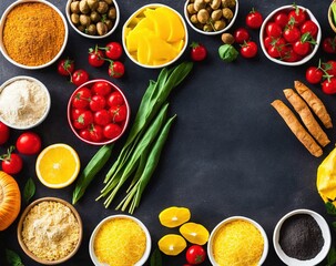 fruits and vegetables, flat surface, dark background, decoration