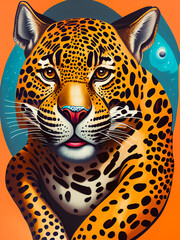 Majestic jaguar animal standing proudly against a colorful backdrop. Generative AI