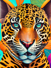Majestic jaguar animal standing proudly against a colorful backdrop. Generative AI