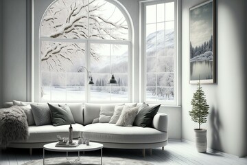 Scandinavian living room interior design with sofa and winter landscape in the window. AI