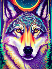 Majestic wolf animal standing proudly against a colorful backdrop. Generative AI