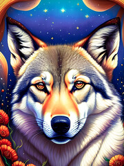 Majestic wolf animal standing proudly against a colorful backdrop. Generative AI