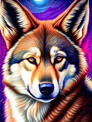 Majestic wolf animal standing proudly against a colorful backdrop. Generative AI