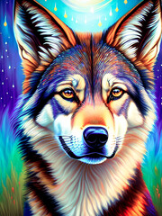 Majestic wolf animal standing proudly against a colorful backdrop. Generative AI