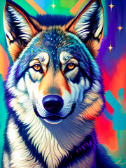 Majestic wolf animal standing proudly against a colorful backdrop. Generative AI