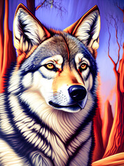 Majestic wolf animal standing proudly against a colorful backdrop. Generative AI