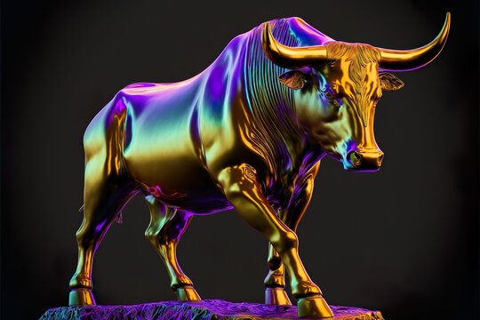 bull sculpture all body in action neon gold color hy