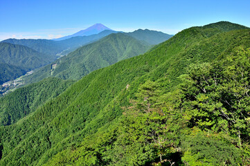 Obraz premium 道志山塊の赤鞍ヶ岳 ウバガ岩より富士山と道志山稜を望む 道志山塊 赤鞍ヶ岳 ウバガ岩より左奥から手前へ富士山、御正体山、今倉山、菜畑山、朝日山（赤鞍ヶ岳）、左端が菰釣山 
