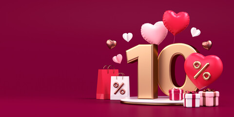 Valentines Day sale offer flyer with 10 percent discount, copy space, hearts and gifts in 3D rendering