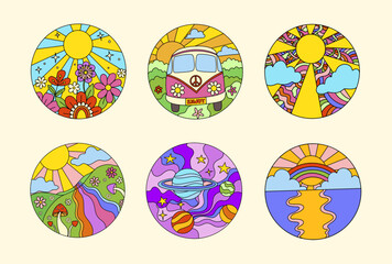 Groovy retro circles with psychedelic landscapes. Vintage hippie print