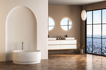Modern minimalist bathroom interior, modern bathroom cabinet, white sink, wooden vanity, interior plants, bathroom accessories, bathtub and shower, white and beige walls, concrete floor. 3d rendering