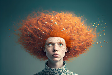 Portrait closeup of a woman with ginger red hair, strange hairstyle, generative ai illustration - obrazy, fototapety, plakaty