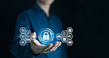 Cloud Cyber Security concept.Business man Holding visual key security with cloud computing