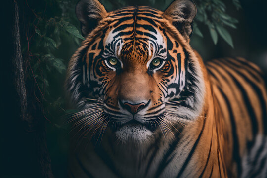 Magnificent Tiger Photo with Vibrant Green Forest in the Background, Close Up Portrait, Generative AI