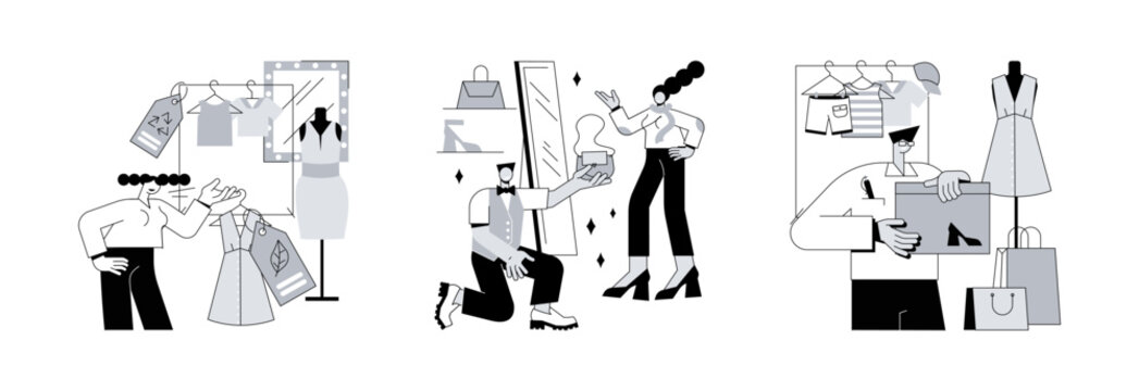 Shopping abstract concept vector illustration set. Sustainable fashion, personal stylist, shop assistant, organic clothes, man and woman style, dressing room, customer service abstract metaphor.