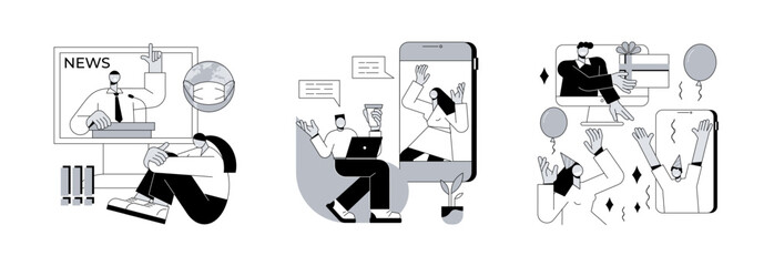 Quarantine lifestyle abstract concept vector illustration set. Limit your news intake, stay connected to people, virtual Holiday party, friends meetup, online communication, anxiety abstract metaphor.