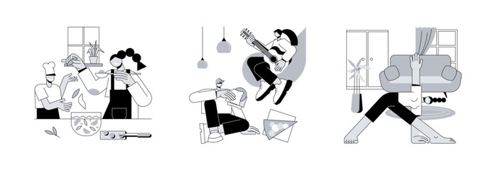 Family fun amid quarantine abstract concept vector illustration set. Bake together, indoor picnic, home gymnastics, time together with children, indoor activities, stay at home abstract metaphor.