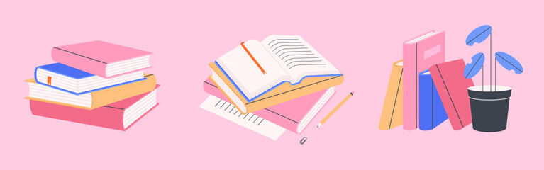 Pile of books for reading. Stack of various textbooks in hardcover, open notebook on a pink background. World book day. Literature, education concept. Isolated flat vector illustration - obrazy, fototapety, plakaty