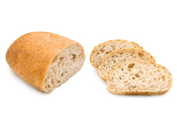 Half and cut into slices ciabatta ( Italian bread ) isolated on white background. Copy space.	