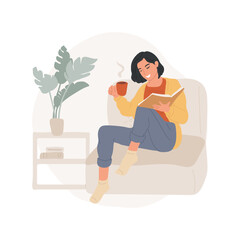Books isolated cartoon vector illustration. Woman holding a cup of coffee and reading a book, enjoying literature, obtaining information, people lifestyle, leisure time alone vector cartoon.