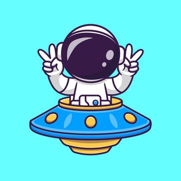 Cute Astronaut Riding UFO With Peace Sign Cartoon Vector Icon 
Illustration. Science Technology Icon Concept Isolated Premium 
Vector. Flat Cartoon Style