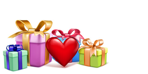 Valentine's Day illustration with colored gift boxes and red heart on white background