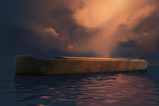 Noah's Ark and the Great Flood, a depiction of the Genesis Bible story, dimensions based on the sacred text. 3d rendering religious illustration.