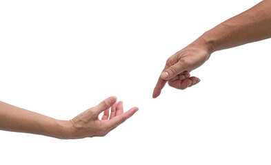 Female and male hand isolated, reaching out to each other. Creation of adam concept.  - obrazy, fototapety, plakaty