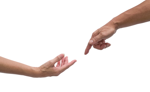 Female and male hand isolated, reaching out to each other. Creation of adam concept. 
