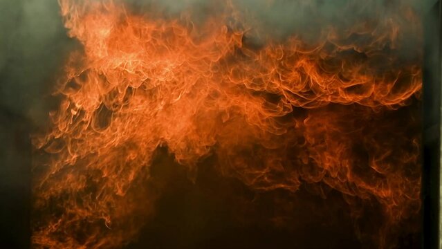 Big real fire of gas and oil explosion bursting through hot air. Car or building was burnt down.infernal fire in an industrial factory with big flame and smoke. Looping Fire Flames. Fire wall motion