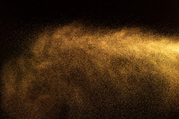 Fototapeta na wymiar Million of Star Dust, Photo image of falling down shower rain snow, heavy snows storm flying. Freeze shot on black background isolated overlay. Golden light Spray water fog smoke as star particle