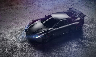 Fototapeta na wymiar Black sports car in modern futuristic environment (3D Illustration)
