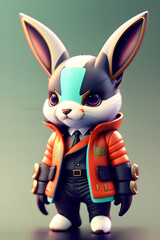 Fototapeta na wymiar Anthropomorphic rabbit in a futuristic orange suit and mask. Cyberpunk style. Chibi character. Generative AI