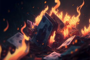 close-up shot of a pile of burning money, with flames engulfing the bills (AI Generated)